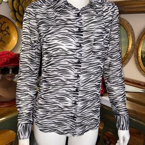 Guess vintage Black White Zebra Button Down Shirt sheer net long sleeve SZ XS